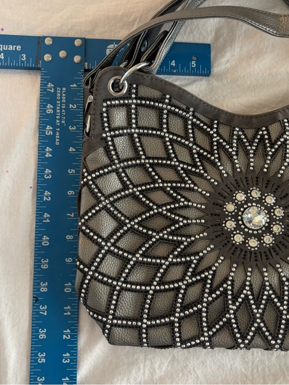 Studded Mandala Crossbody Bag Grey Boho Western Festival Rhinestone Statement - Picture 3 of 9